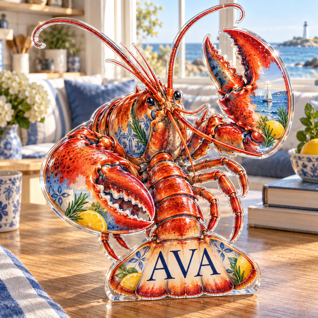 Artwork visualization: Lobster coastal kitchen — reading nook decor, personalized AVA, subject-shaped acrylic with printed optical 3D depth; not carved relief.