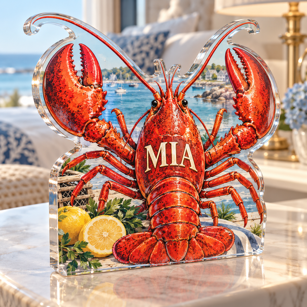 Artwork visualization: Lobster coastal kitchen — bedroom statement decor, personalized MIA, subject-shaped acrylic with printed optical 3D depth; not carved relief.