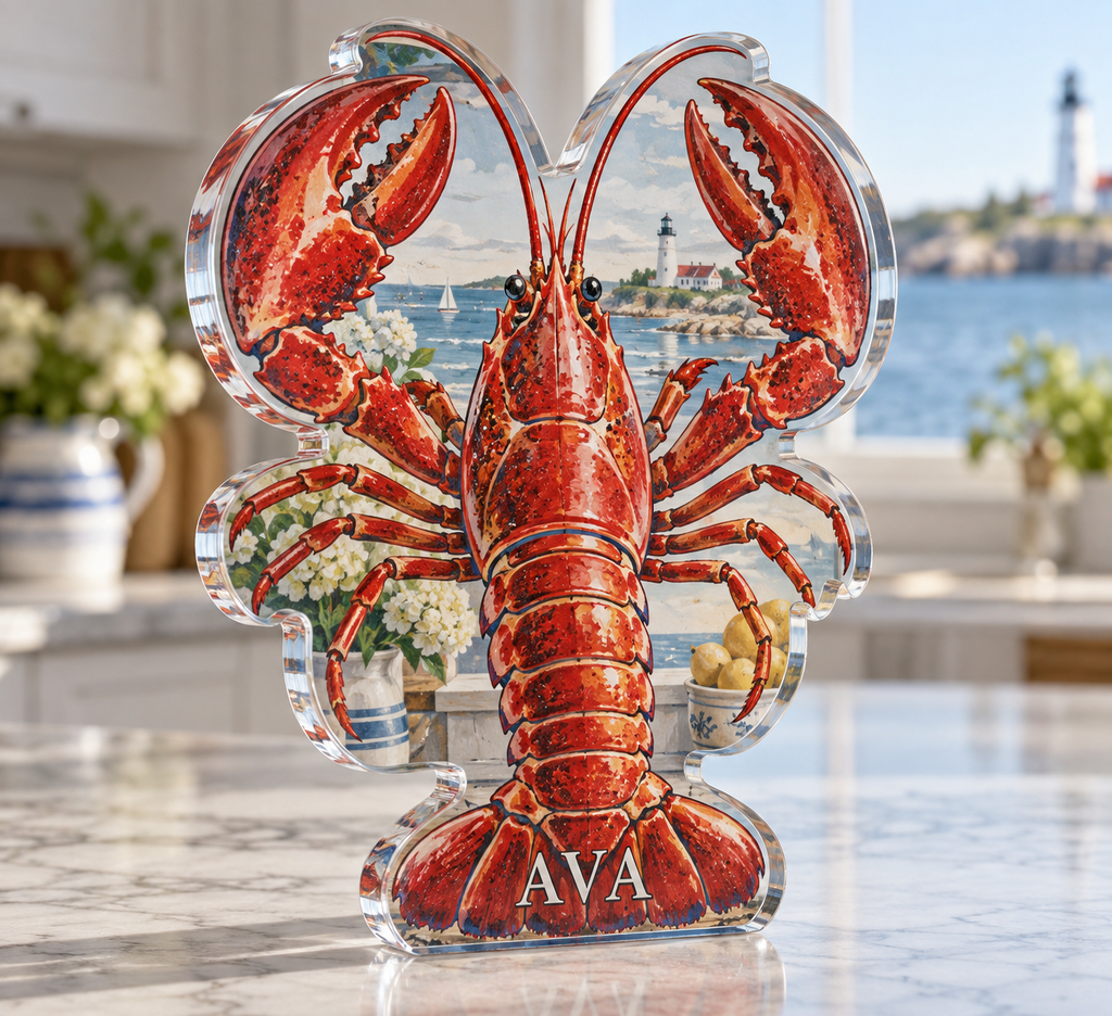 Artwork visualization: Lobster coastal kitchen — home office backdrop, personalized AVA, subject-shaped acrylic with printed optical 3D depth; not carved relief.