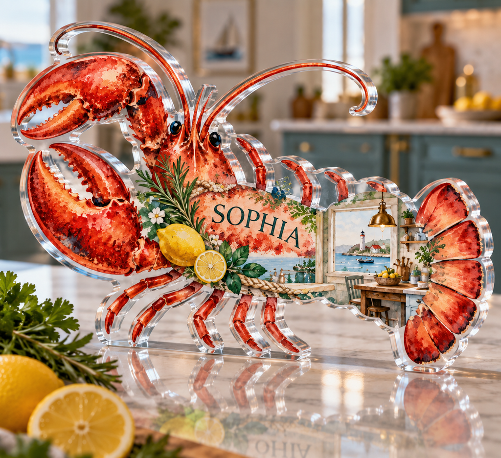 Artwork visualization: Lobster coastal kitchen — personalized housewarming, personalized SOPHIA, subject-shaped acrylic with printed optical 3D depth; not carved relief.