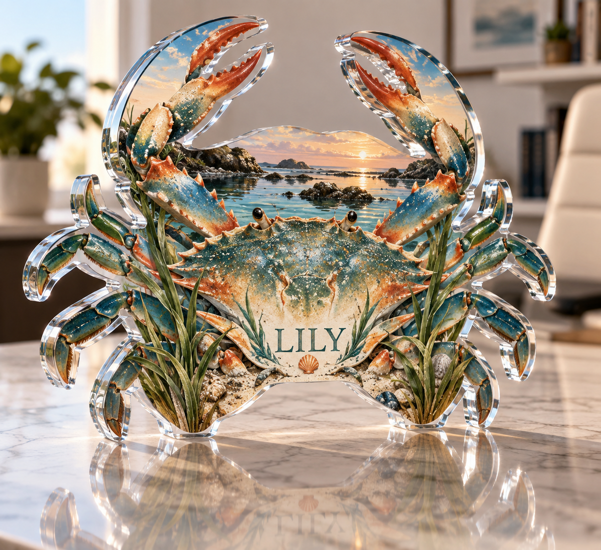 Artwork visualization: Crab tidal pool — home office backdrop, personalized LILY, subject-shaped acrylic with printed optical 3D depth; not carved relief.