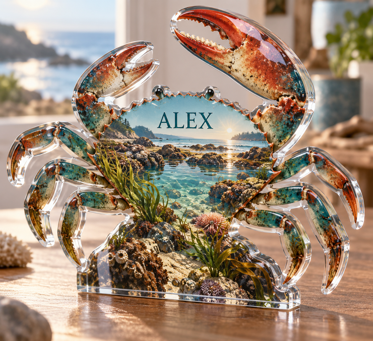 Artwork visualization: Crab tidal pool — personalized housewarming, personalized ALEX, subject-shaped acrylic with printed optical 3D depth; not carved relief.