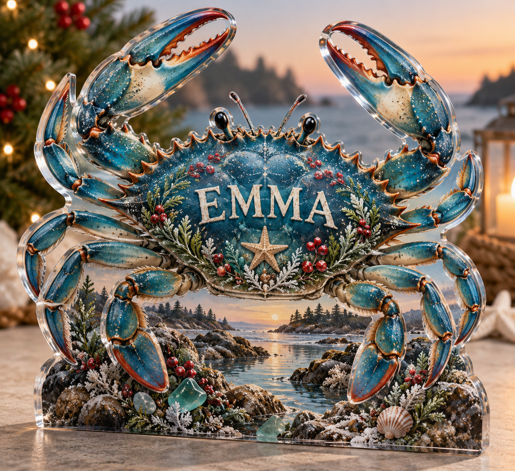 Artwork visualization: Crab tidal pool — quiet corner decoration, personalized EMMA, subject-shaped acrylic with printed optical 3D depth; not carved relief.