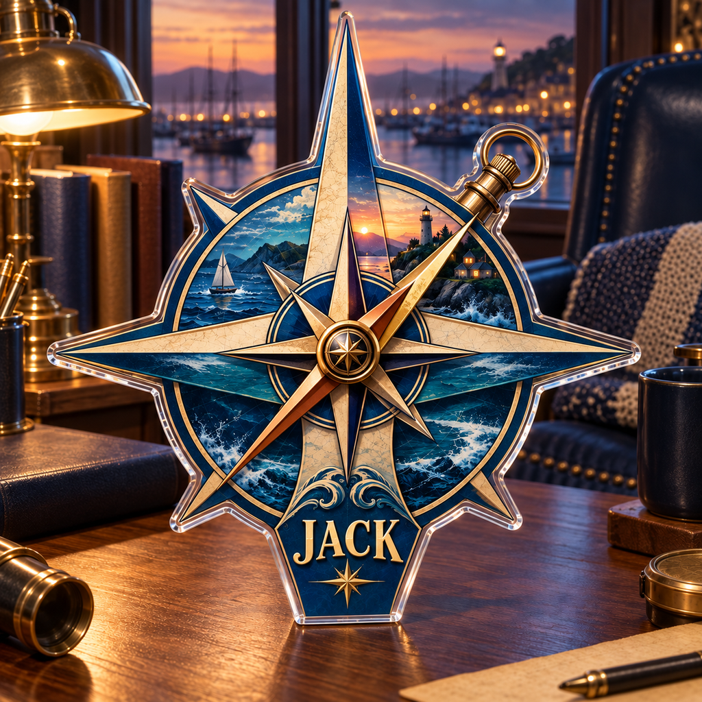 Artwork visualization: Nautical compass — reading nook decor, personalized JACK, subject-shaped acrylic with printed optical 3D depth; not carved relief.