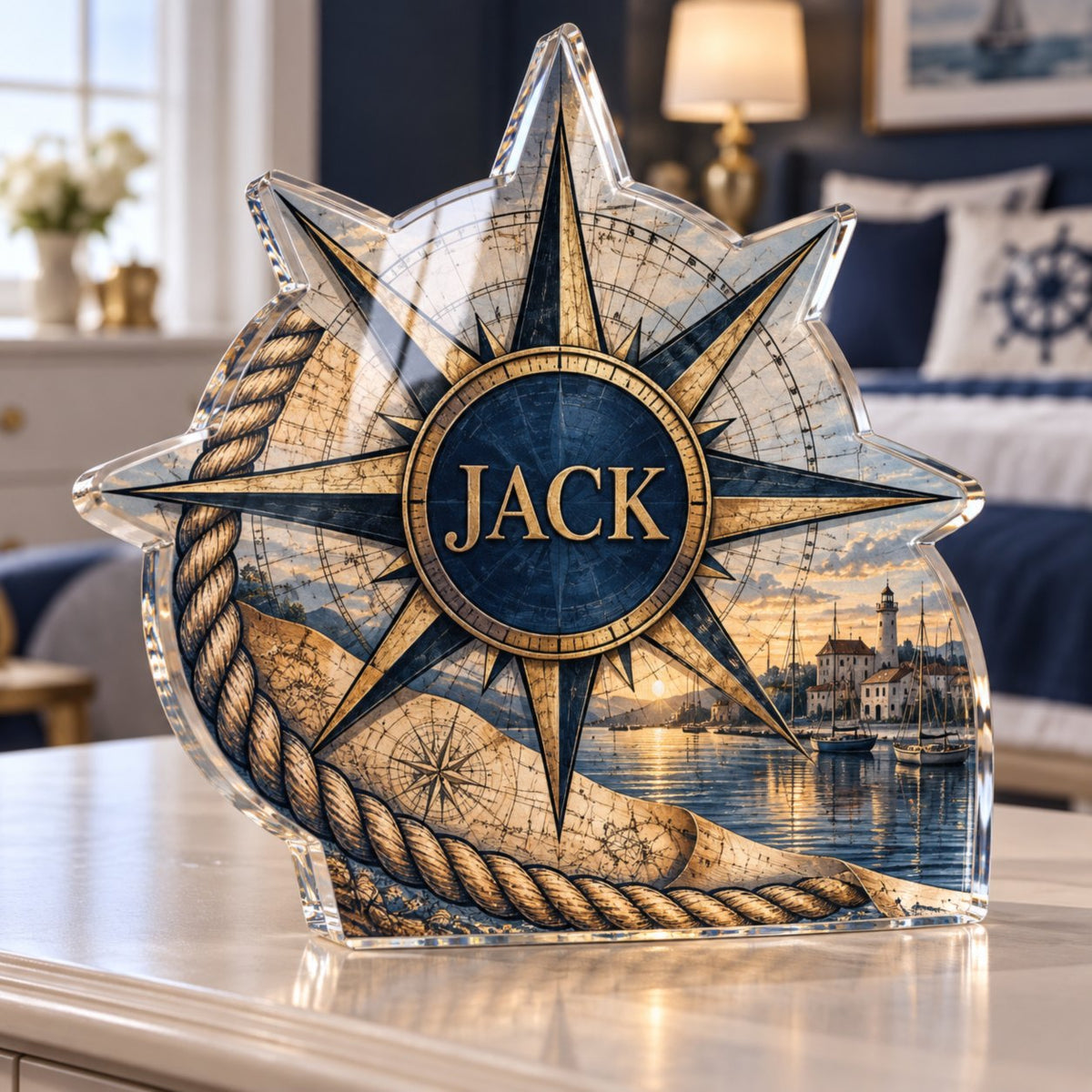 Personalized Nautical Compass Bedroom Statement Decor custom shape acrylic plaque with an example name set into the artwork, digital preview
