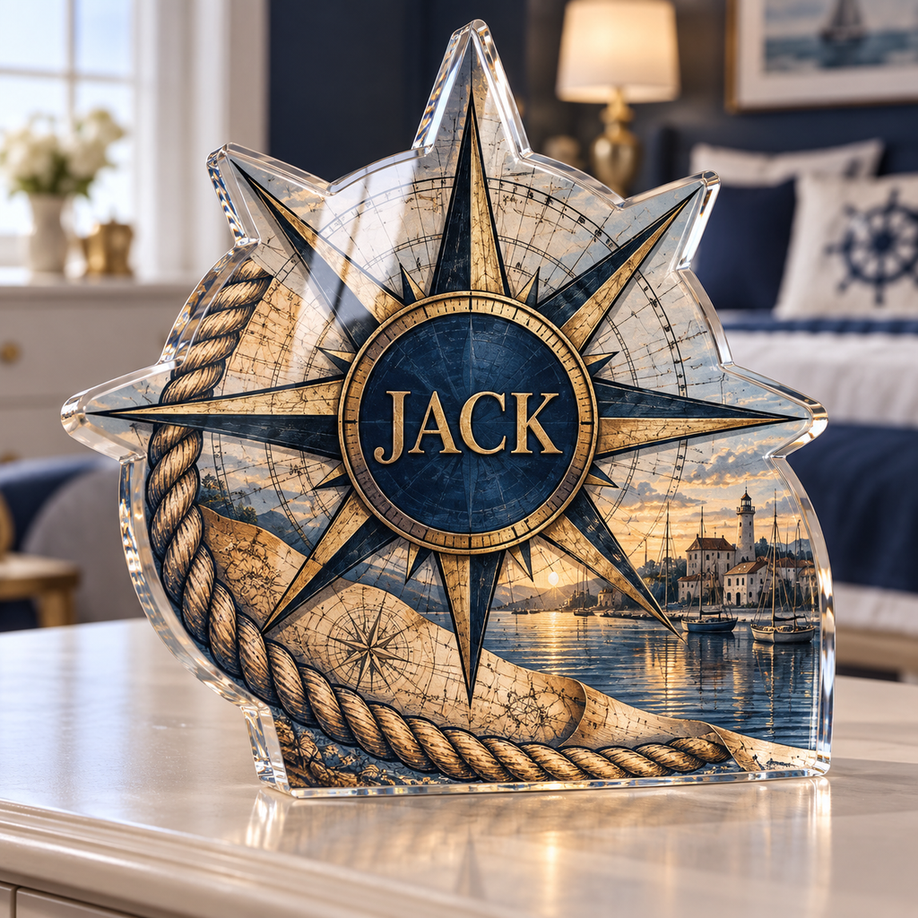 Artwork visualization: Nautical compass — bedroom statement decor, personalized JACK, subject-shaped acrylic with printed optical 3D depth; not carved relief.