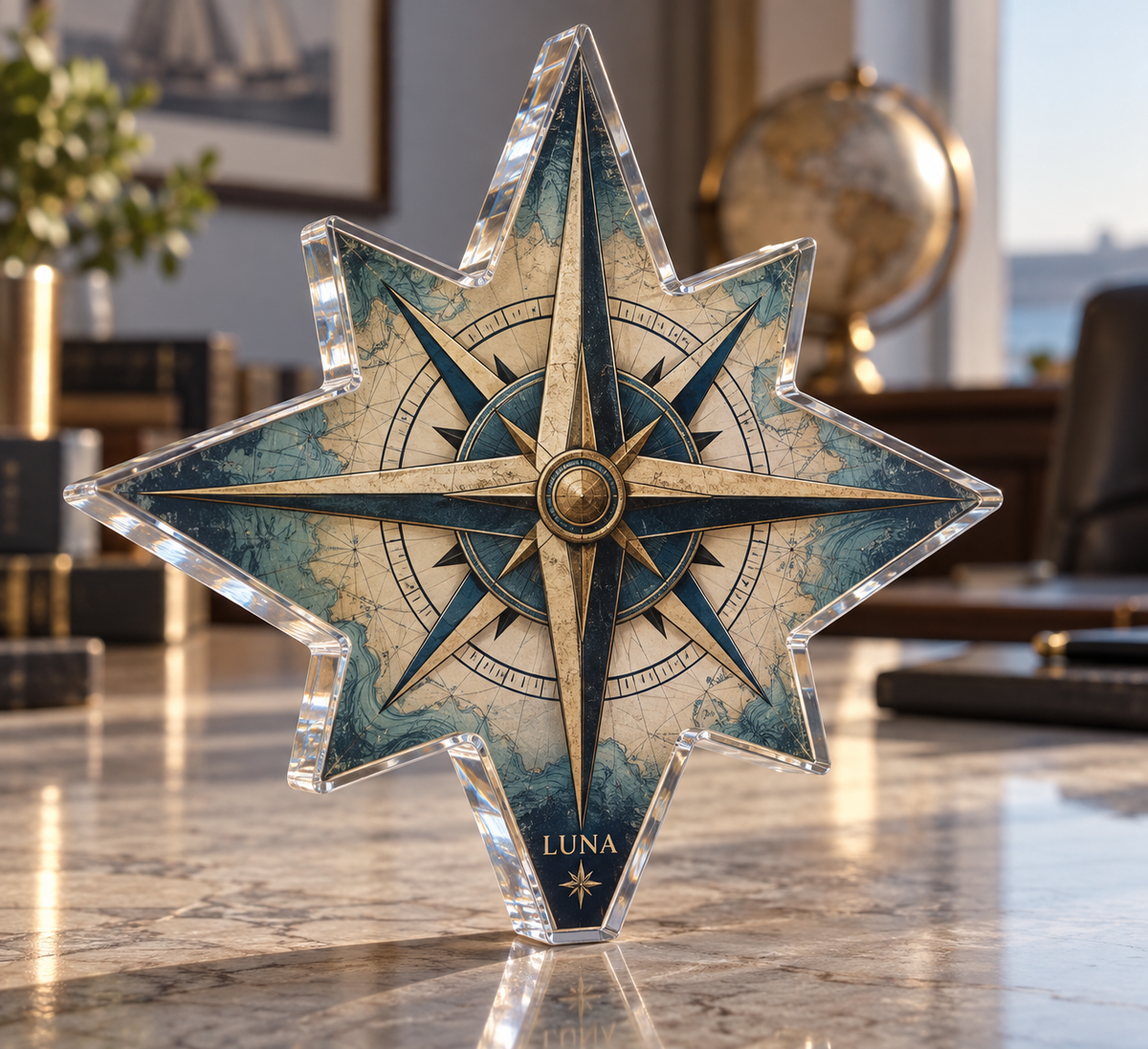 Artwork visualization: Nautical compass — home office backdrop, personalized LUNA, subject-shaped acrylic with printed optical 3D depth; not carved relief.