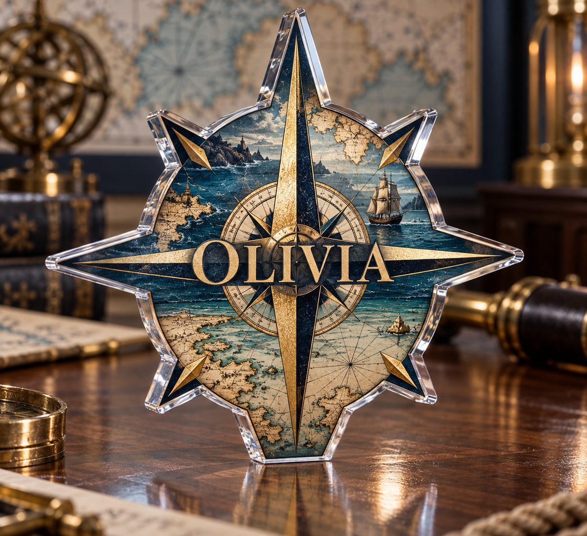 Artwork visualization: Nautical compass — personalized housewarming, personalized OLIVIA, subject-shaped acrylic with printed optical 3D depth; not carved relief.