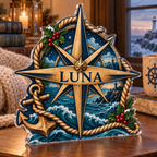 Artwork visualization: Nautical compass — quiet corner decoration, personalized LUNA, subject-shaped acrylic with printed optical 3D depth; not carved relief.