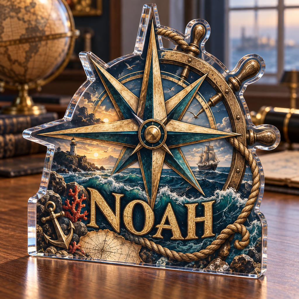 Artwork visualization: Nautical compass — collector birthday keepsake, personalized NOAH, subject-shaped acrylic with printed optical 3D depth; not carved relief.