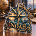 Artwork visualization: Nautical compass — collector birthday keepsake, personalized NOAH, subject-shaped acrylic with printed optical 3D depth; not carved relief.