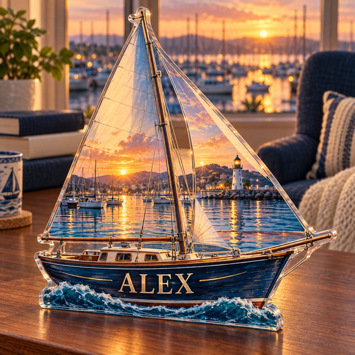 Personalized Sailboat Harbor Reading Nook Decor custom shape acrylic plaque with an example name set into the artwork, digital preview