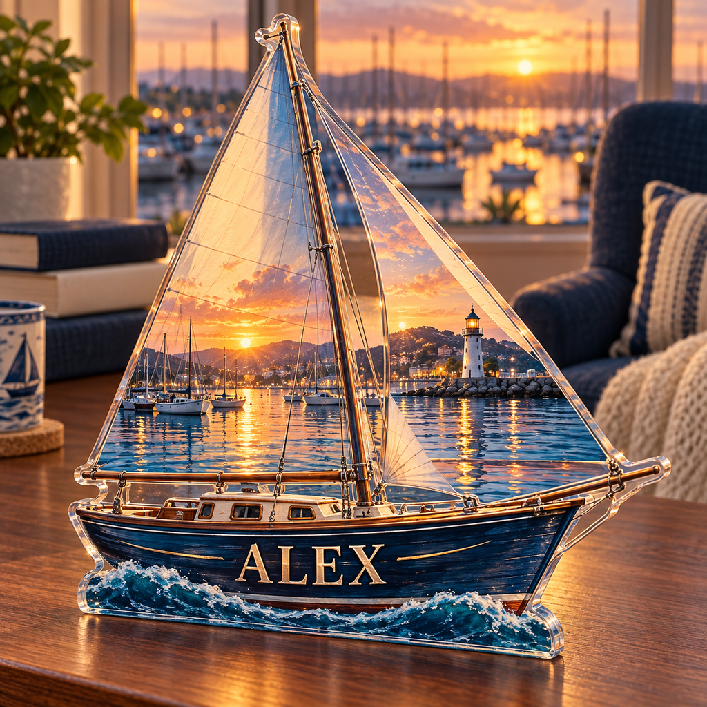 Artwork visualization: Sailboat harbor — reading nook decor, personalized ALEX, subject-shaped acrylic with printed optical 3D depth; not carved relief.