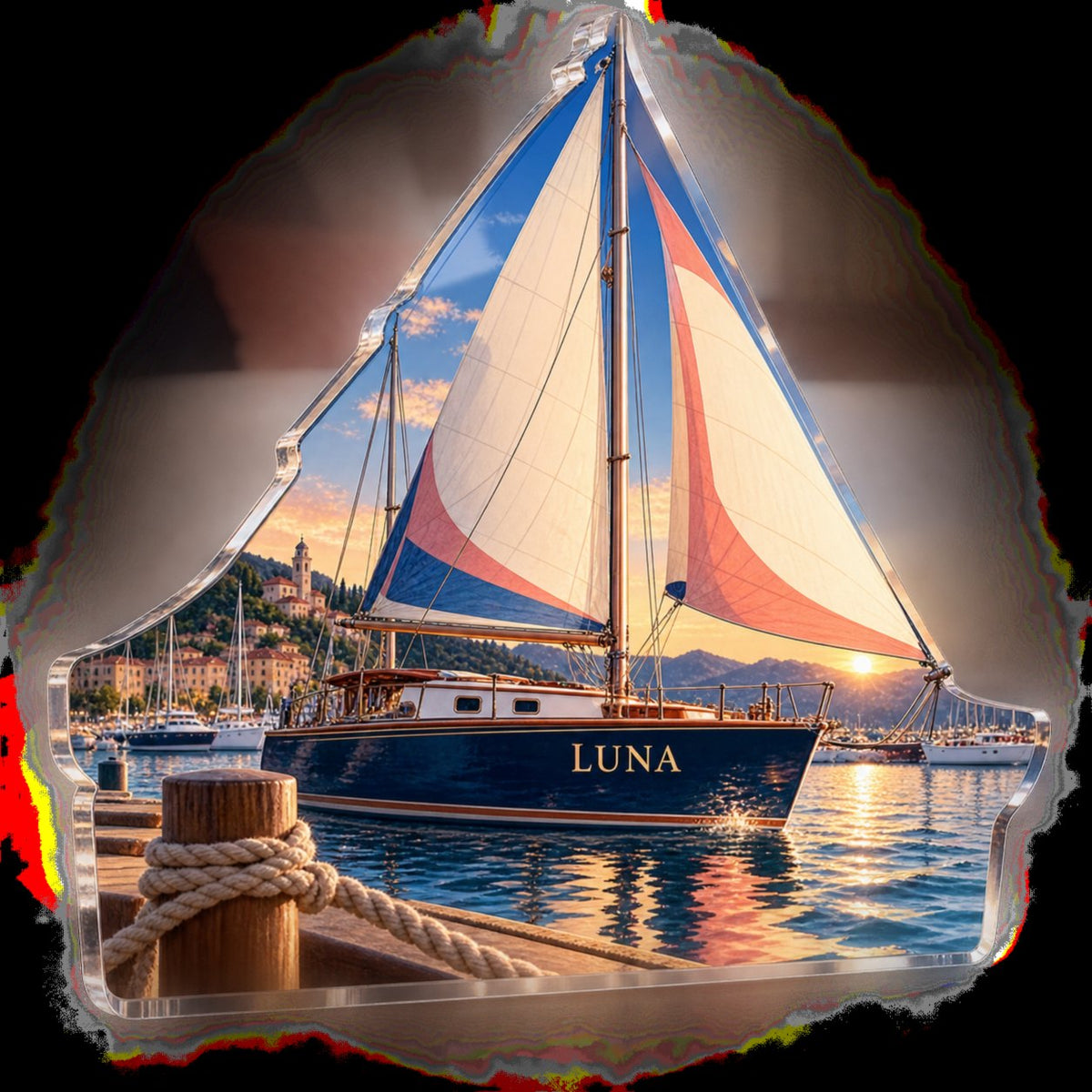 Personalized Sailboat Harbor Bedroom Statement Decor custom shape acrylic plaque with an example name set into the artwork, digital preview