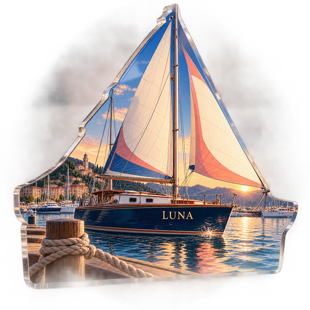 Artwork visualization: Sailboat harbor — bedroom statement decor, personalized LUNA, subject-shaped acrylic with printed optical 3D depth; not carved relief.