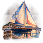 Artwork visualization: Sailboat harbor — bedroom statement decor, personalized LUNA, subject-shaped acrylic with printed optical 3D depth; not carved relief.