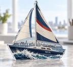Artwork visualization: Sailboat harbor — home office backdrop, personalized MIA, subject-shaped acrylic with printed optical 3D depth; not carved relief.