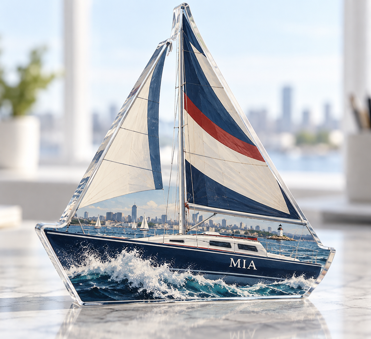 Artwork visualization: Sailboat harbor — home office backdrop, personalized MIA, subject-shaped acrylic with printed optical 3D depth; not carved relief.