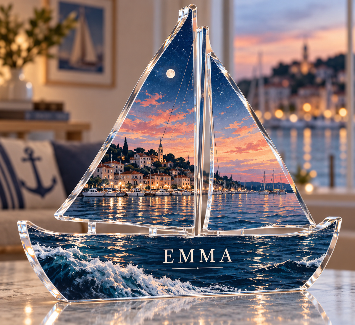 Artwork visualization: Sailboat harbor — personalized housewarming, personalized EMMA, subject-shaped acrylic with printed optical 3D depth; not carved relief.