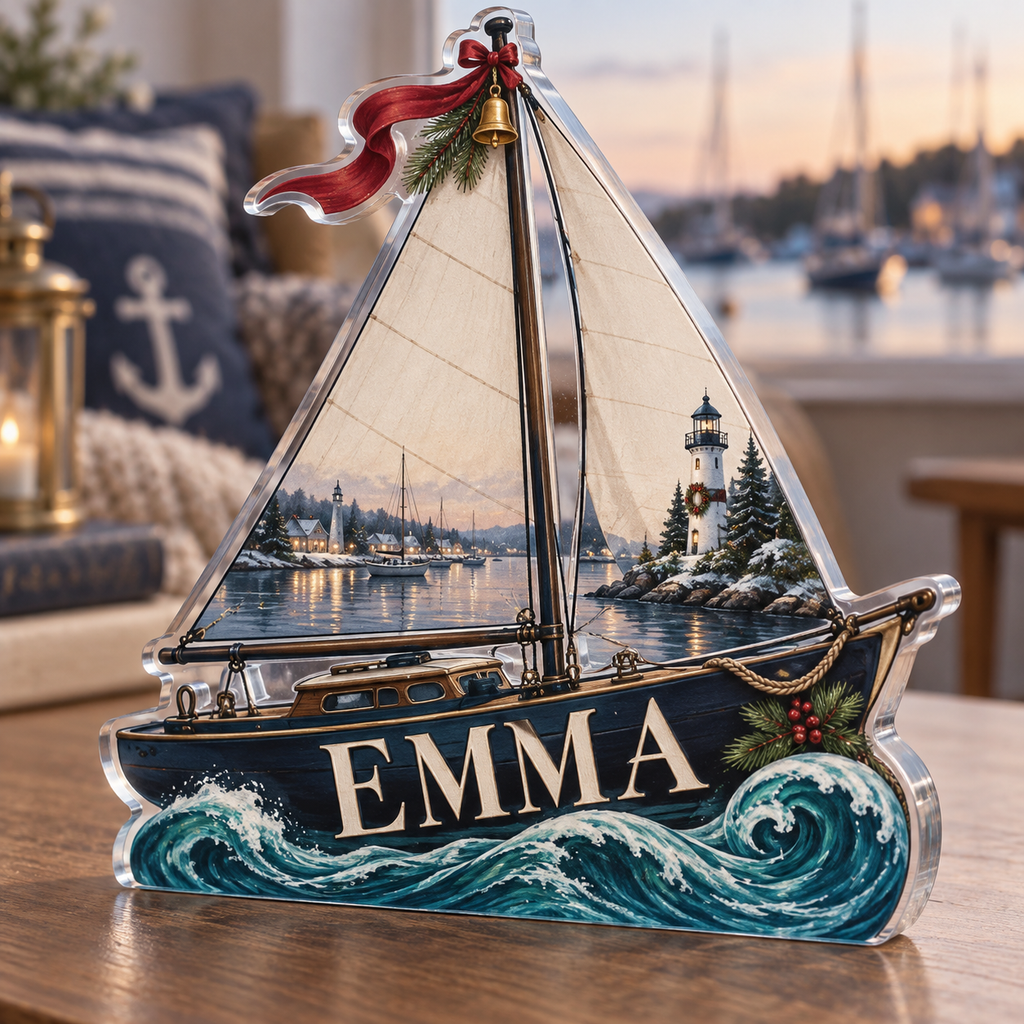 Artwork visualization: Sailboat harbor — quiet corner decoration, personalized EMMA, subject-shaped acrylic with printed optical 3D depth; not carved relief.