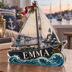 Artwork visualization: Sailboat harbor — quiet corner decoration, personalized EMMA, subject-shaped acrylic with printed optical 3D depth; not carved relief.