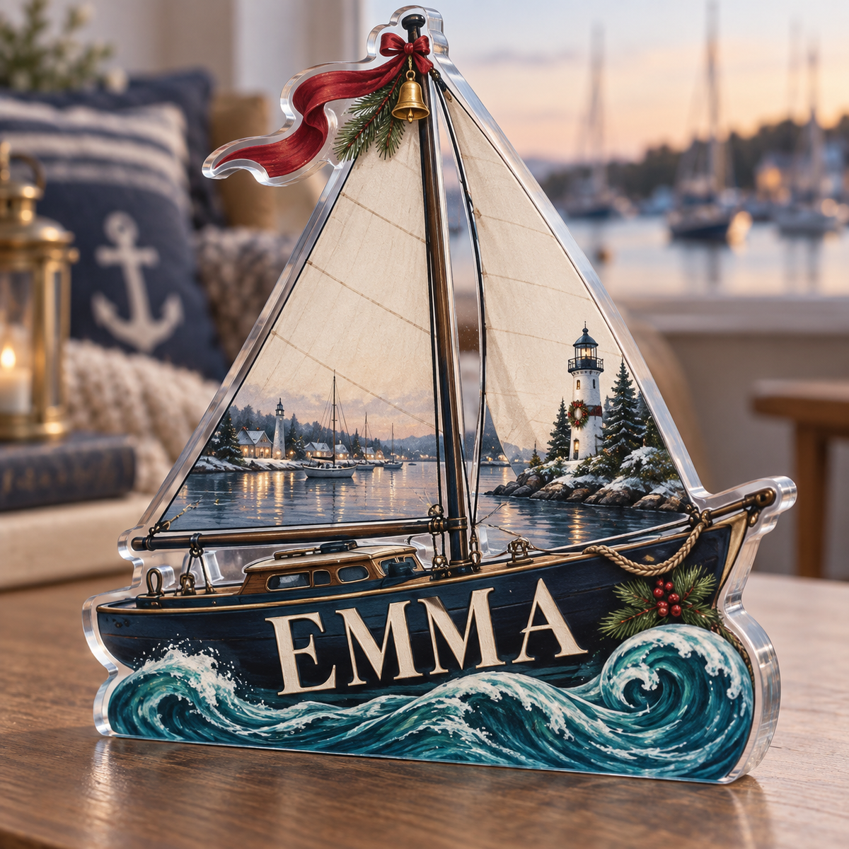 Artwork visualization: Sailboat harbor — quiet corner decoration, personalized EMMA, subject-shaped acrylic with printed optical 3D depth; not carved relief.