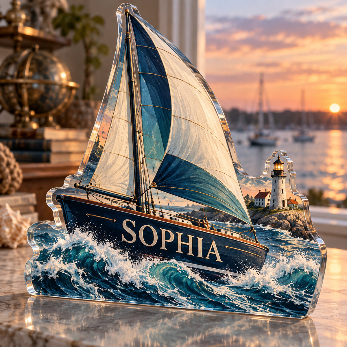 Artwork visualization: Sailboat harbor — collector birthday keepsake, personalized SOPHIA, subject-shaped acrylic with printed optical 3D depth; not carved relief.
