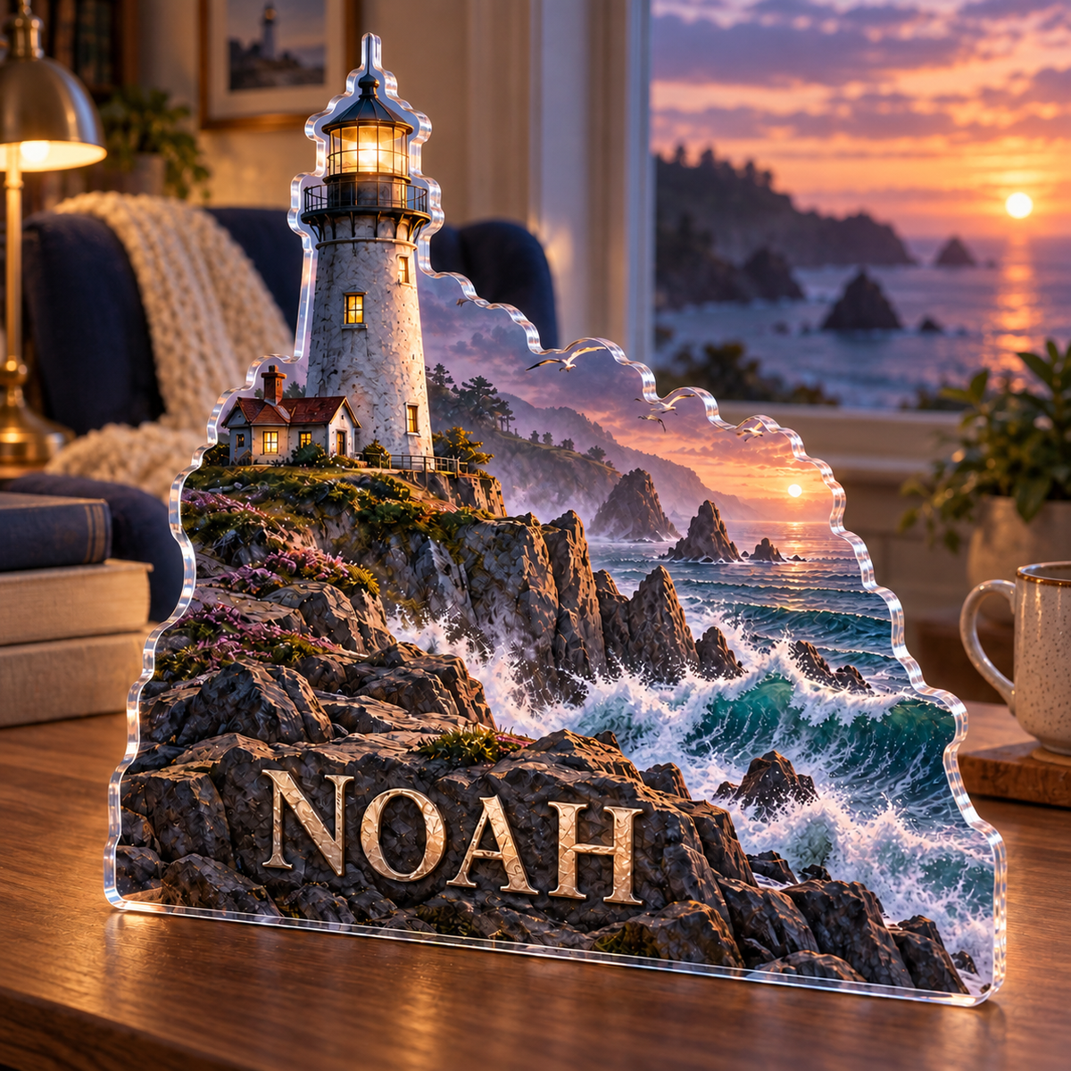 Artwork visualization: Lighthouse coast — reading nook decor, personalized NOAH, subject-shaped acrylic with printed optical 3D depth; not carved relief.