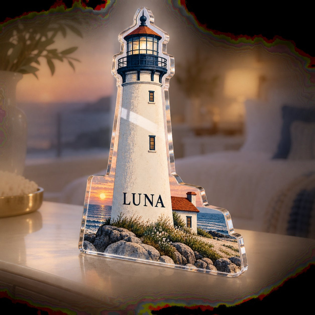 Personalized Lighthouse Coast Bedroom Statement Decor custom shape acrylic plaque with an example name set into the artwork, digital preview