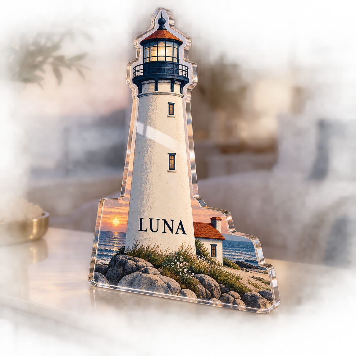 Artwork visualization: Lighthouse coast — bedroom statement decor, personalized LUNA, subject-shaped acrylic with printed optical 3D depth; not carved relief.