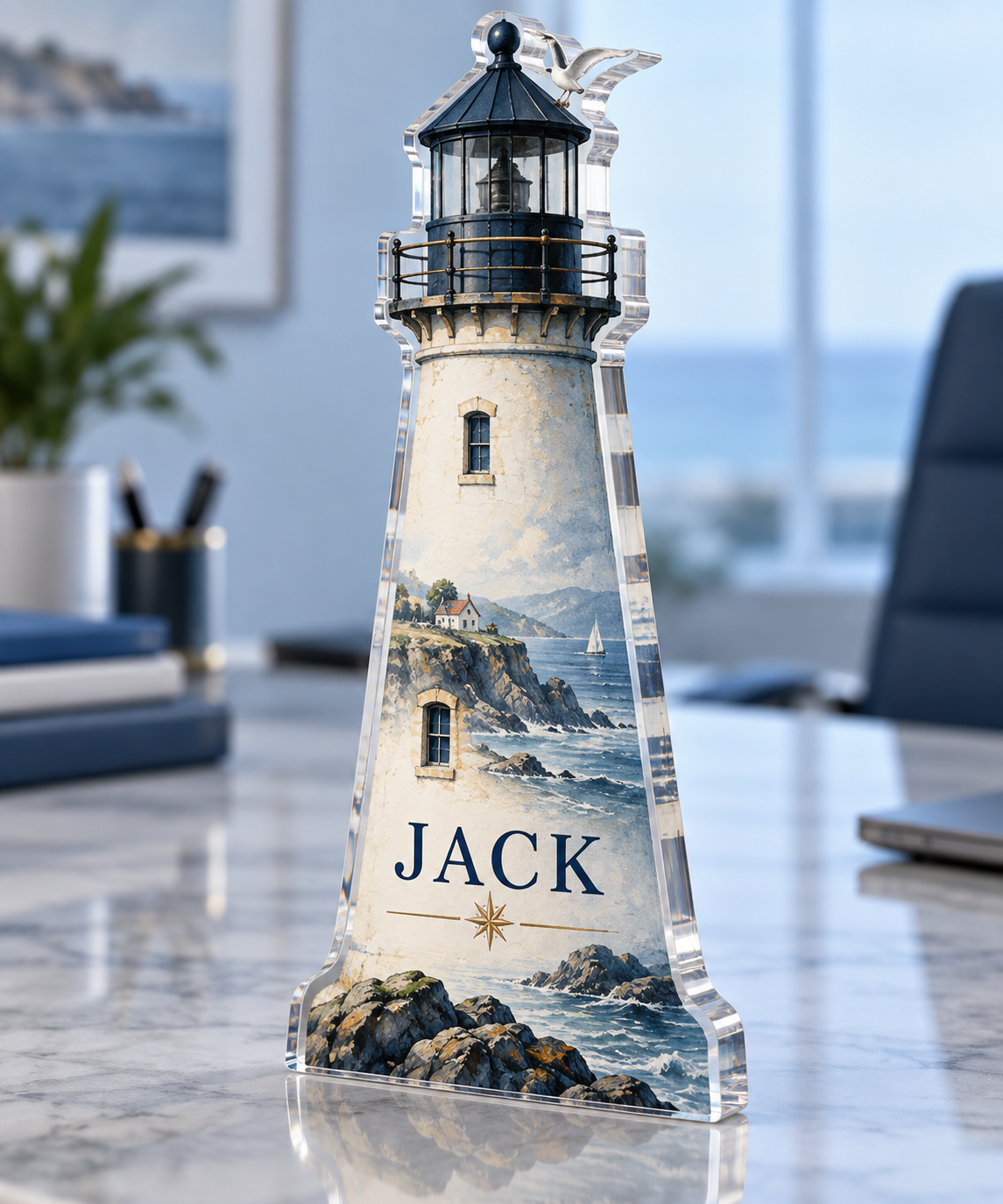 Artwork visualization: Lighthouse coast — home office backdrop, personalized JACK, subject-shaped acrylic with printed optical 3D depth; not carved relief.