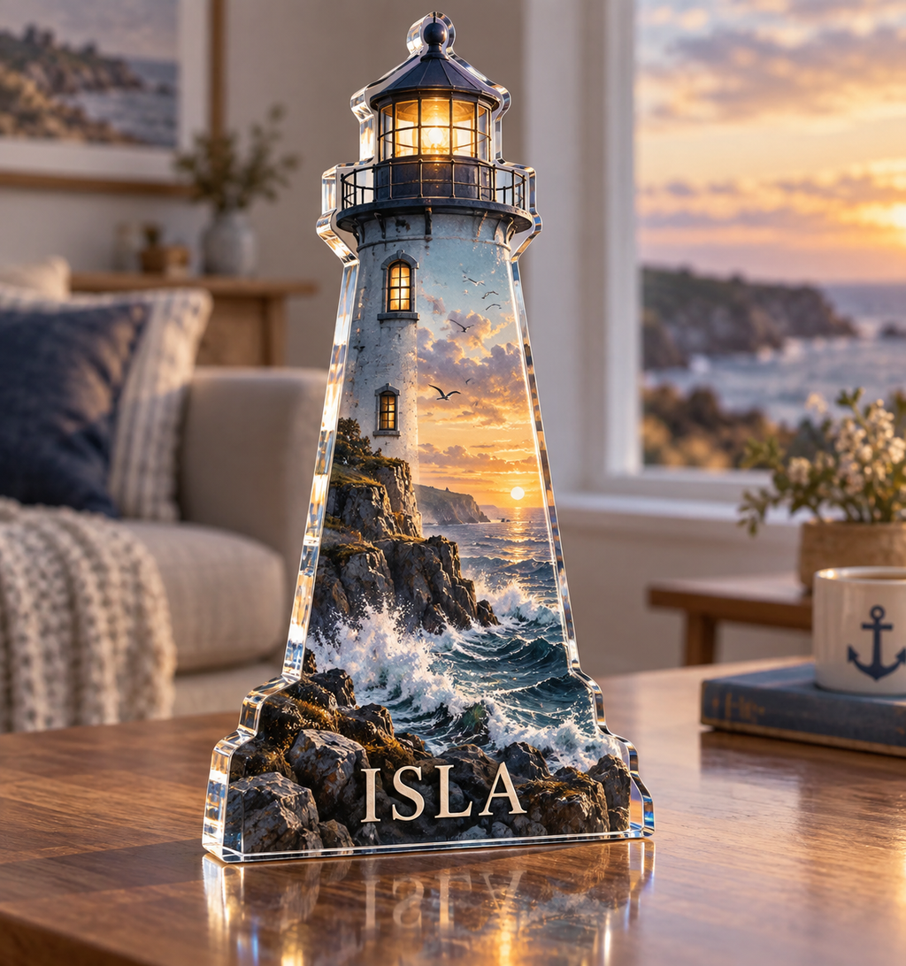 Artwork visualization: Lighthouse coast — personalized housewarming, personalized ISLA, subject-shaped acrylic with printed optical 3D depth; not carved relief.