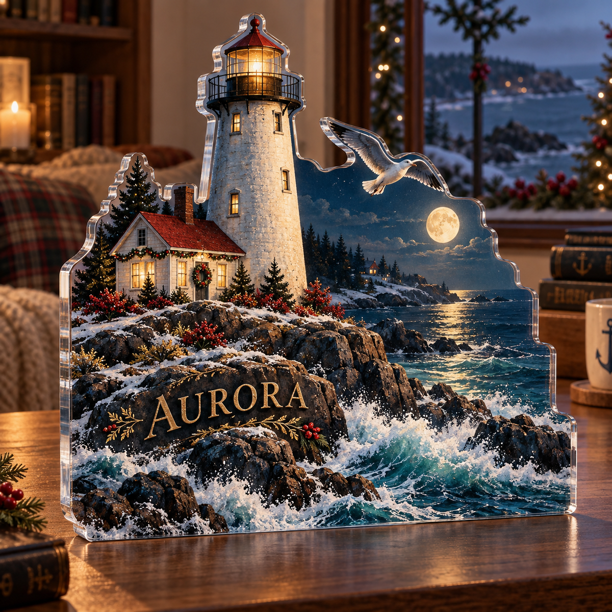 Artwork visualization: Lighthouse coast — quiet corner decoration, personalized AURORA, subject-shaped acrylic with printed optical 3D depth; not carved relief.