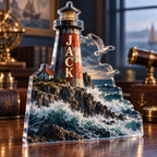 Artwork visualization: Lighthouse coast — collector birthday keepsake, personalized JACK, subject-shaped acrylic with printed optical 3D depth; not carved relief.