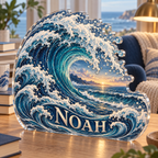 Artwork visualization: Ocean wave linework — reading nook decor, personalized NOAH, subject-shaped acrylic with printed optical 3D depth; not carved relief.