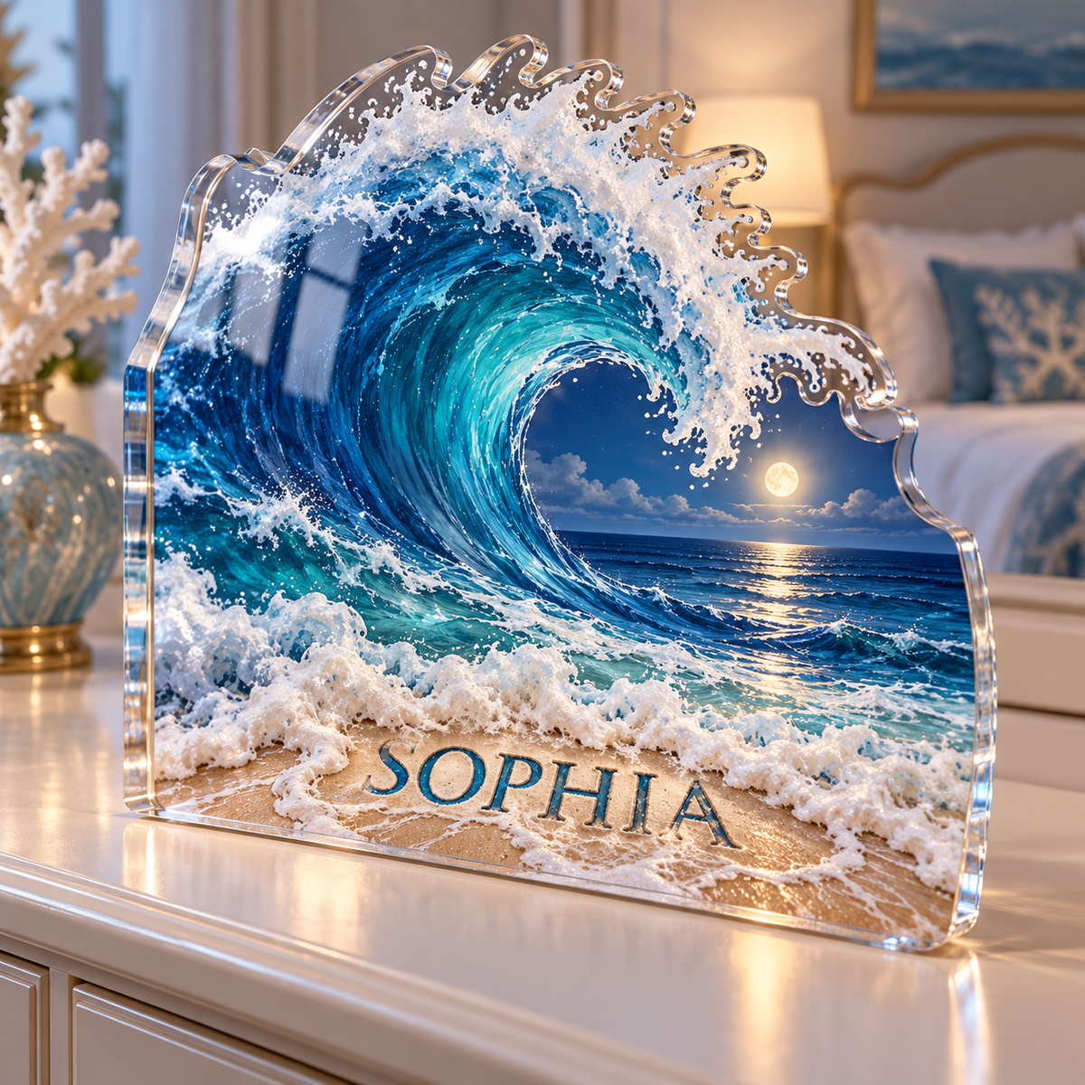 Artwork visualization: Ocean wave linework — bedroom statement decor, personalized SOPHIA, subject-shaped acrylic with printed optical 3D depth; not carved relief.
