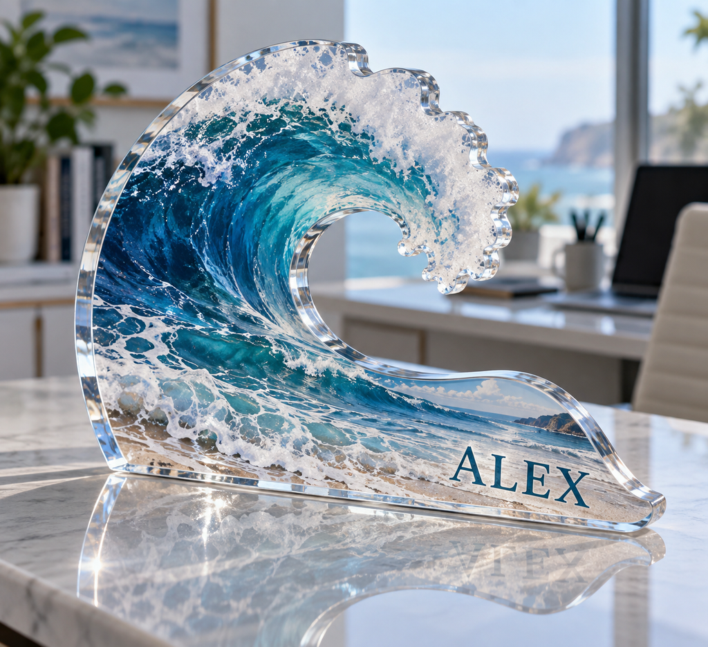 Artwork visualization: Ocean wave linework — home office backdrop, personalized ALEX, subject-shaped acrylic with printed optical 3D depth; not carved relief.