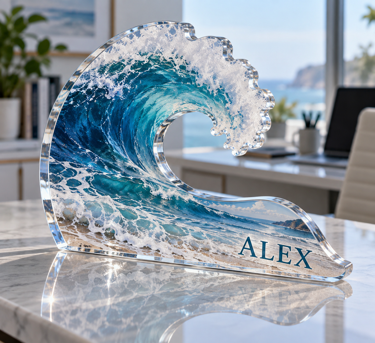 Artwork visualization: Ocean wave linework — home office backdrop, personalized ALEX, subject-shaped acrylic with printed optical 3D depth; not carved relief.