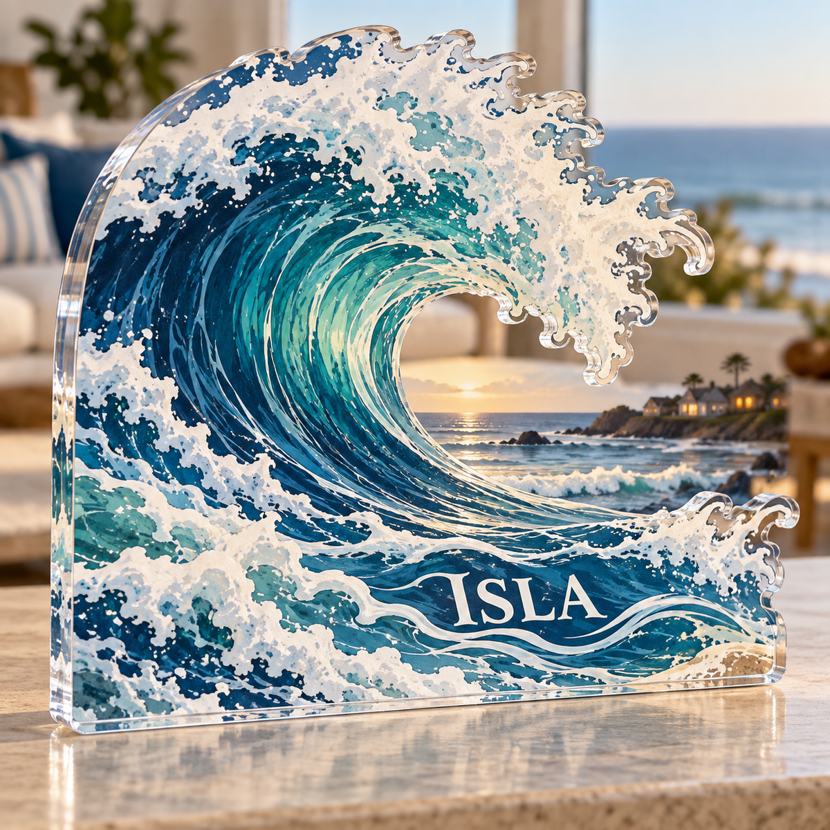 Artwork visualization: Ocean wave linework — personalized housewarming, personalized ISLA, subject-shaped acrylic with printed optical 3D depth; not carved relief.