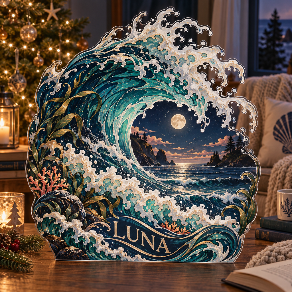 Artwork visualization: Ocean wave linework — quiet corner decoration, personalized LUNA, subject-shaped acrylic with printed optical 3D depth; not carved relief.