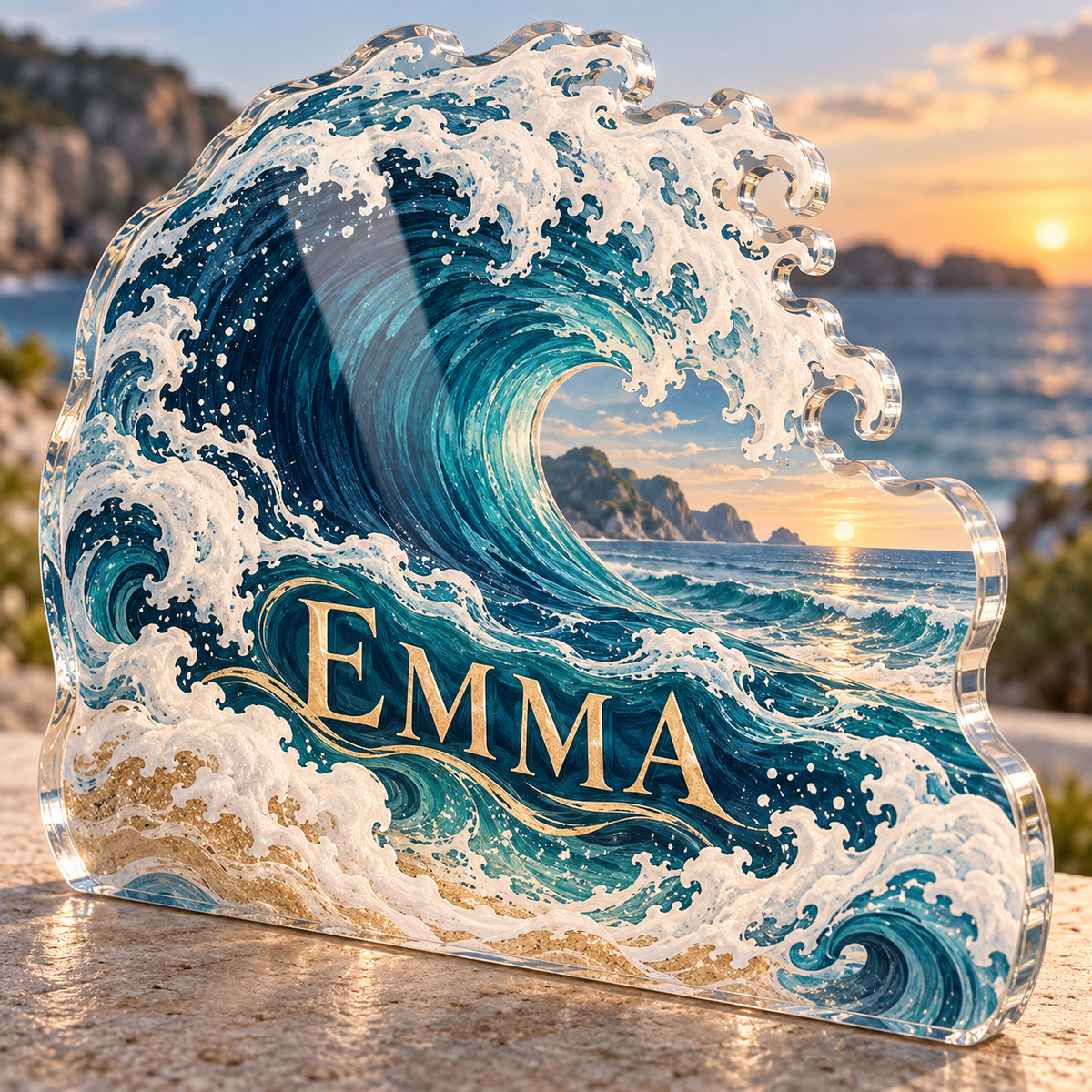 Artwork visualization: Ocean wave linework — collector birthday keepsake, personalized EMMA, subject-shaped acrylic with printed optical 3D depth; not carved relief.