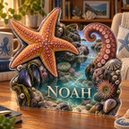 Artwork visualization: Tide pool creatures — reading nook decor, personalized NOAH, subject-shaped acrylic with printed optical 3D depth; not carved relief.