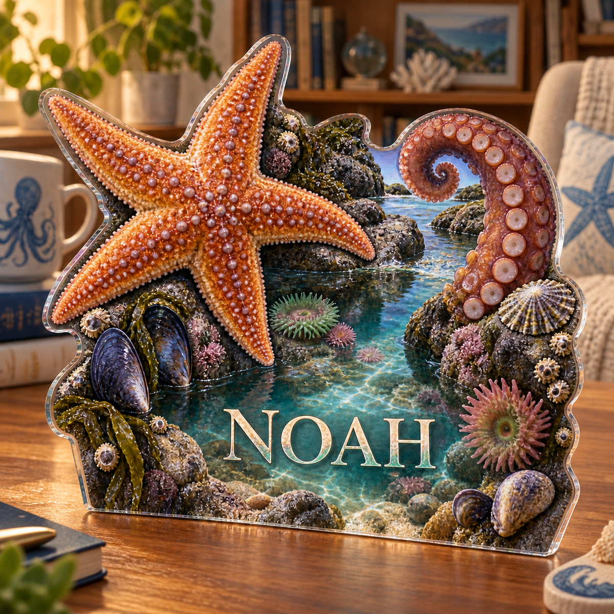 Artwork visualization: Tide pool creatures — reading nook decor, personalized NOAH, subject-shaped acrylic with printed optical 3D depth; not carved relief.