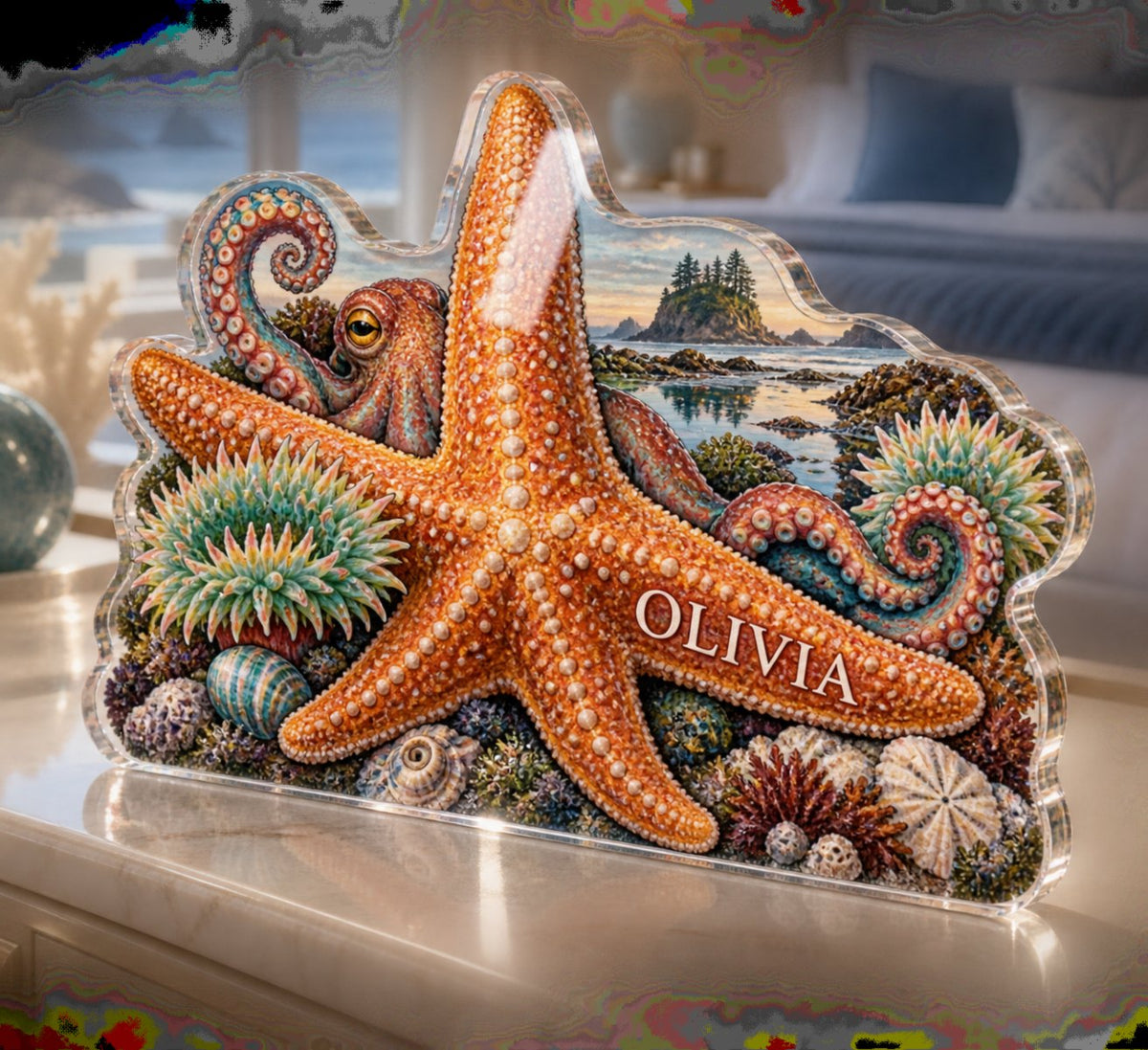 Personalized Tide Pool Creatures Bedroom Statement Decor custom shape acrylic plaque with an example name set into the artwork, digital preview