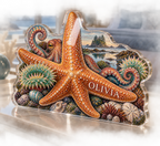 Artwork visualization: Tide pool creatures — bedroom statement decor, personalized OLIVIA, subject-shaped acrylic with printed optical 3D depth; not carved relief.