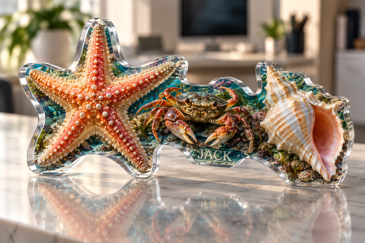 Artwork visualization: Tide pool creatures — home office backdrop, personalized JACK, subject-shaped acrylic with printed optical 3D depth; not carved relief.