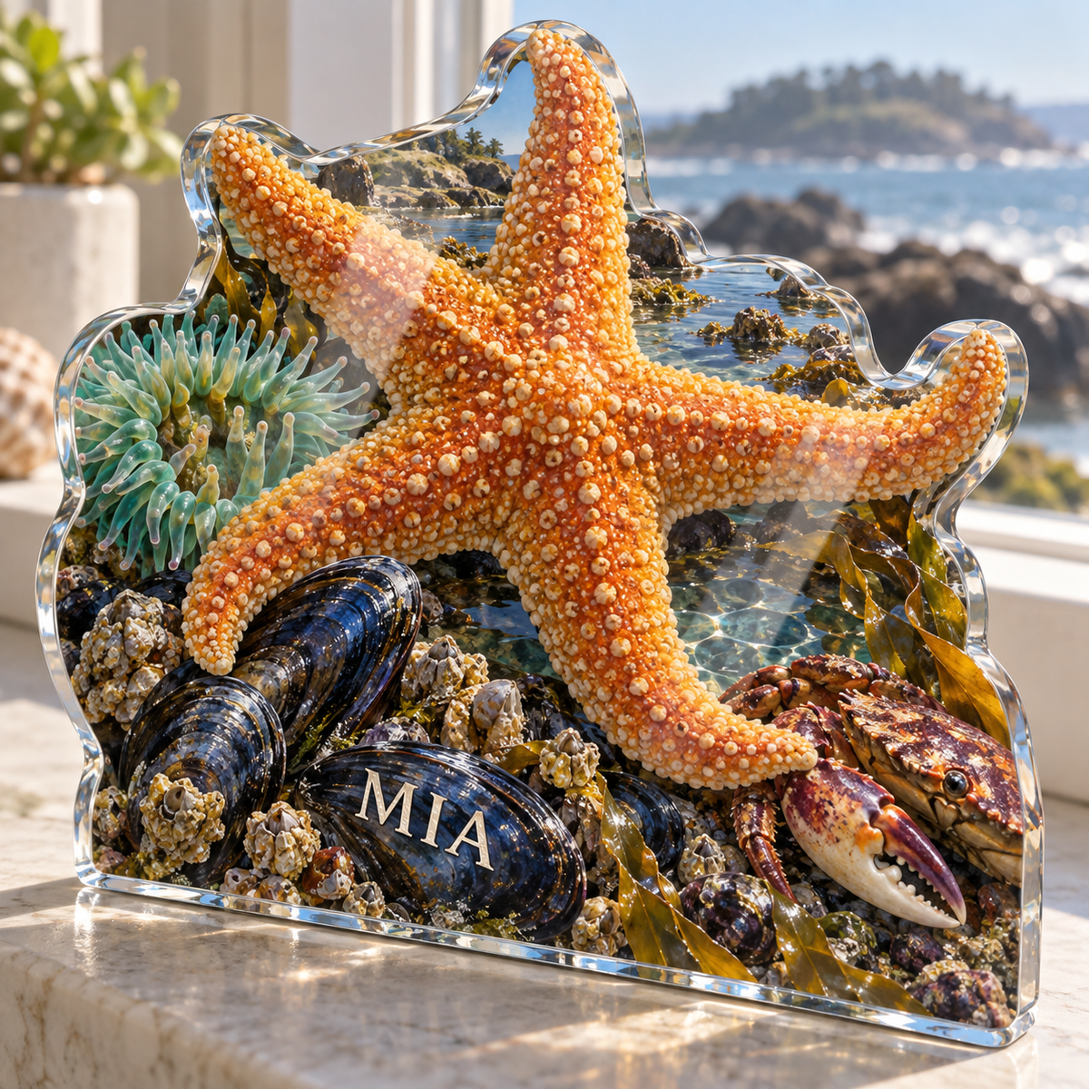 Artwork visualization: Tide pool creatures — personalized housewarming, personalized MIA, subject-shaped acrylic with printed optical 3D depth; not carved relief.