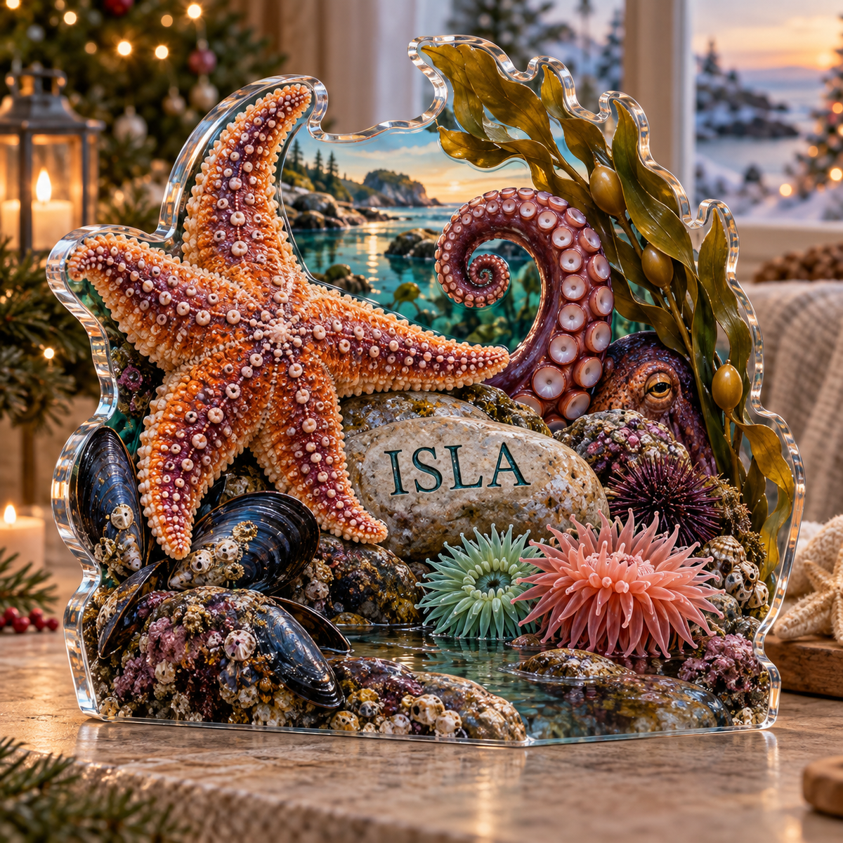 Artwork visualization: Tide pool creatures — quiet corner decoration, personalized ISLA, subject-shaped acrylic with printed optical 3D depth; not carved relief.
