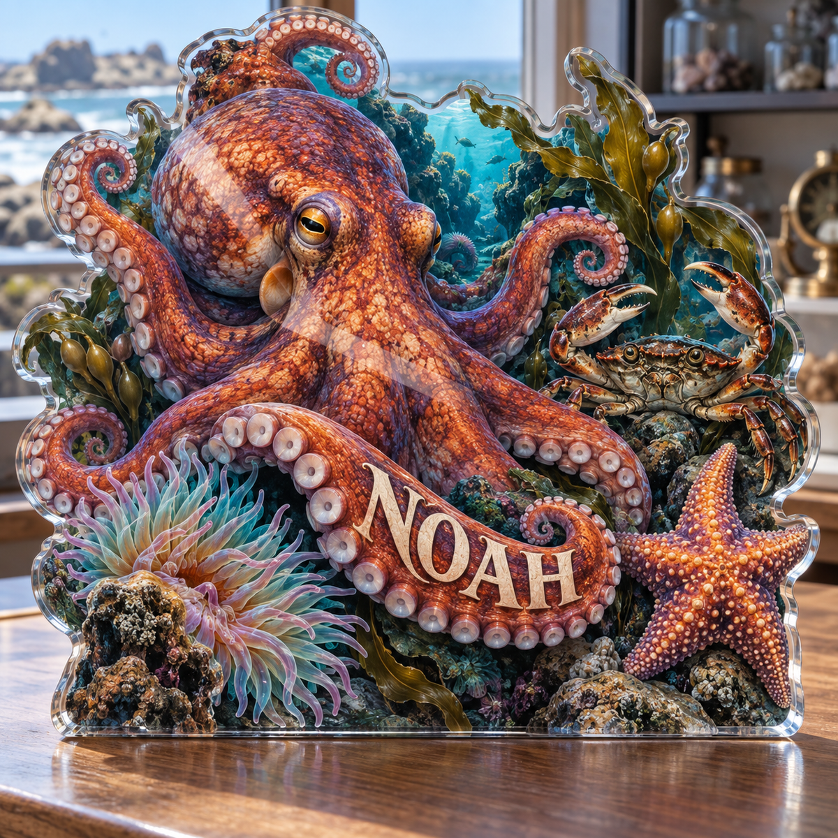 Artwork visualization: Tide pool creatures — collector birthday keepsake, personalized NOAH, subject-shaped acrylic with printed optical 3D depth; not carved relief.