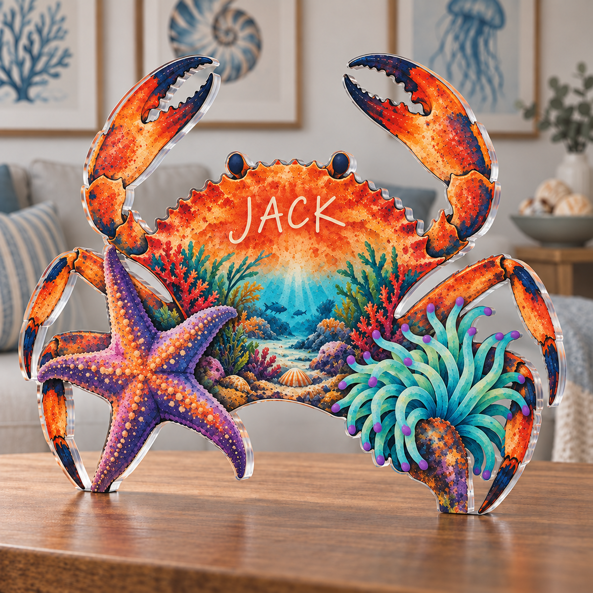 Personalized Tide Pool Creatures — Apartment Gallery Wall acrylic plaque with an example name set into the artwork, digital preview
